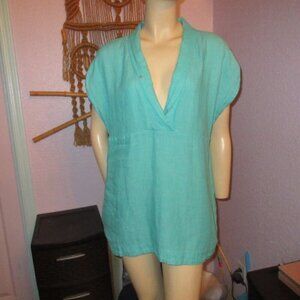 Lands' End Women's Linen Top Size M Tunic Pockets Cap Sleeves Lagenlook Coastal